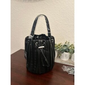 BC Handbags Black Pleated Drawstring Bucket Bag NWT long & short strap